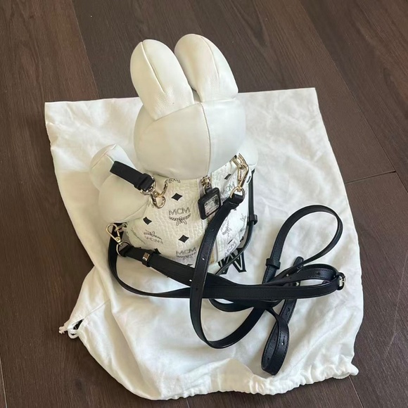 RARE MCM bunny rabbit bag white leather backpack visetos cute zoo doll plush main image 7